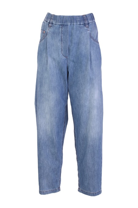 Shop BRUNELLO CUCINELLI  Jeans: Brunello Cucinelli baggy trousers in light denim with Shiny Tab.
Pull-up trousers.
Front patch pockets with breast pocket.
Back patch pockets.
Pincers.
Nickel-free monili decoration.
Composition: 100% cotton.
Made in Italy.. MH192P5743-C8324